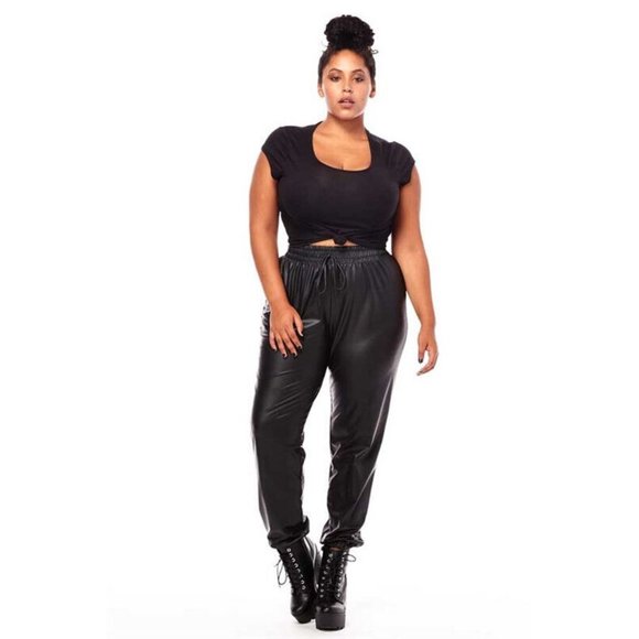 Boutique Pants - Women's Casual Solid Black Drawstring Matte Pu Jogging Pants Plus Size 1X 2X 3X